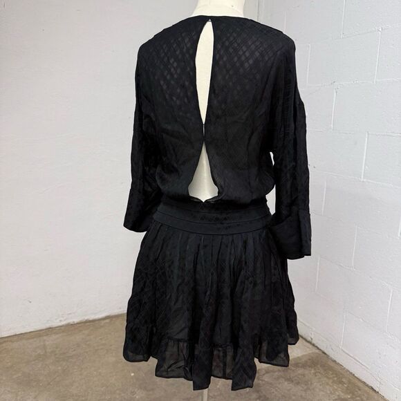 SANDRO wrap checked texture black flowy mini dress - Picture 4 of 8